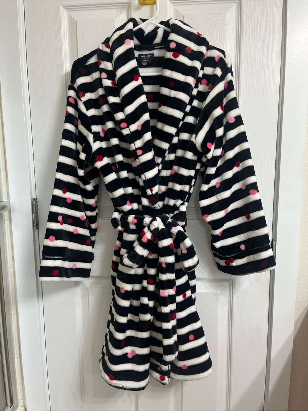 kate spade Black and White Striped Plush Robe with Pink Polka Dots